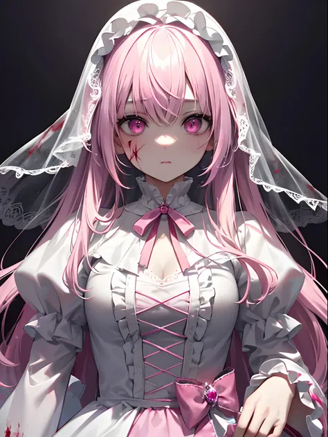 (Masterpiece, Best quality, ultra high resolution),1girl,white and pink hair, (blood), (face covered in blood),(ghost girl,non-human girl),fantasy, beautiful and detailed face, detailed eyes, glowing eyes,(pink lolita dress), pink eyes, looking at the view...