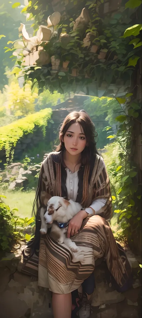 (Best quality, masterpiece), 1 girl with long hair having puppy beside her, realistic face,8k,ultra realistic,