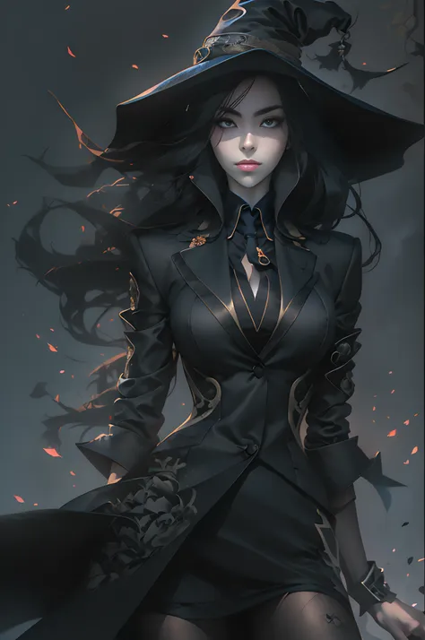 sexy 1girl, the witch in the black hat (beste-qualit), (masterpiece quality), ((business suit:1.5)). detailed and detailed anato...