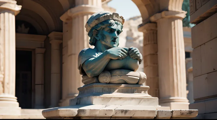 Ancient Greek statue with angry expression, outside, com rosto extremamente detalhado full body view, Colors with low saturation with dark tone, Filmado em Sony A7S III com Sony FE 35mm f/1.8, 12.1 MP, --AR 3:2 --estilo cru