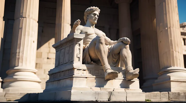 Ancient Greek statue with angry expression, outside, com rosto extremamente detalhado full body view, Colors with low saturation with dark tone, Filmado em Sony A7S III com Sony FE 35mm f/1.8, 12.1 MP, --AR 3:2 --estilo cru