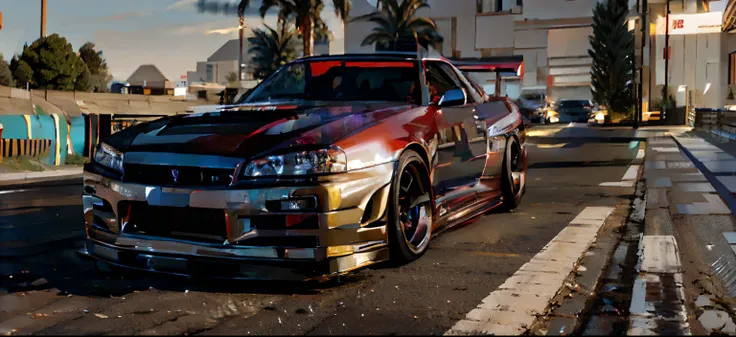 a close up of a car on a road with a sky background, in a modified nissan skyline r34, nissan gtr r 3 4, cobbled together nissan...