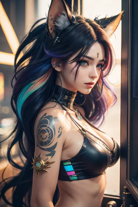 beautiful photorealistic photograph of a cyberpunk catgirl with long multicolor hair and swishing tail, ((Best quality)), ((masterpiece)), (detailed: 1.4), depth of field f/2.8,