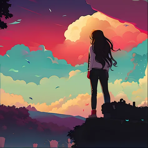 A woman standing on a rock looking up at the sky, Arte de Alena Aenami, inspirado em Alena Aenami, Estilo de Alena Aenami, artistic. Alena Aenami, Makoto Shinkai Cirilo Rolando, Directed by: Alena Aenami, Estilo de Aenami Alena, No estilo de Cyril Rolando,...