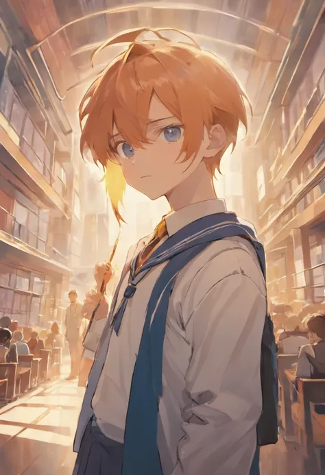 (artwork of a), Boy in school uniform, Exceptional quality, Detailed Japanese anime illustration, Elegant visuals in pastel tones, Pokémon style painting, fun, Colorful animated characters.