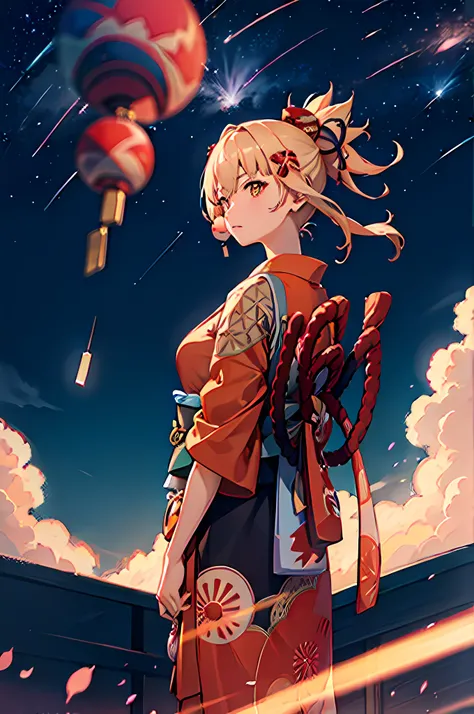 1girl, distant girl wearing a kimono staring at the stars, (zoomed out:1.1), (meteor shower:1.2), (comet:1.1), your name, low angle, from behind, aroura borealis, shooting star, yukata, red kimono, cherry blossoms, standing in a field,best quality, masterp...