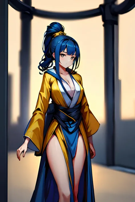 1girl，blue hair，Dull yellow robe