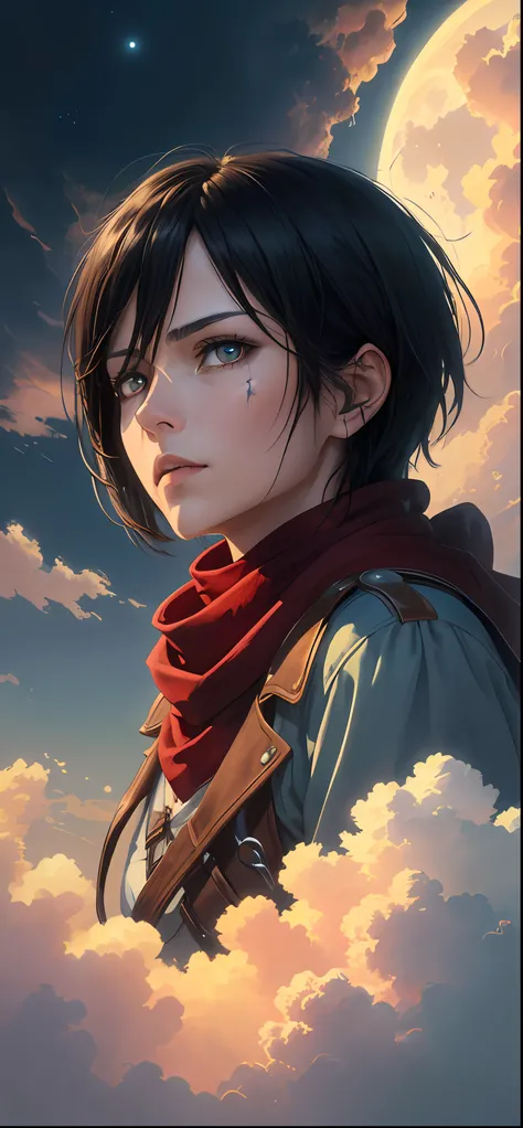 ((best quality)), ((masterpiece)), (detailed), mikasa ackerman, black hair, black eyes, horror beauty, perched on a cloud, (red scarf), (fantasy illustration:1.3), enchanting gaze, captivating pose, delicate scars, otherworldly charm, mystical sky, (Luis R...