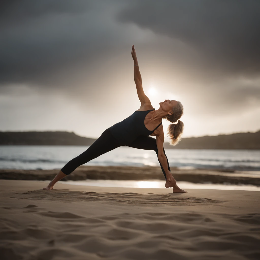 An ultra-realistic image of a woman over 50, radiating confidence and strength. The woman is in yoga position Virabhadrasana 2. The image should convey a sense of positivity, independence and self-love.
  This image should inspire and motivate women of all...