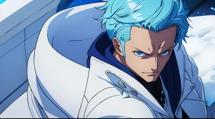 one man, wearing a white fluffy overcoat, blue hairs, blue eyes