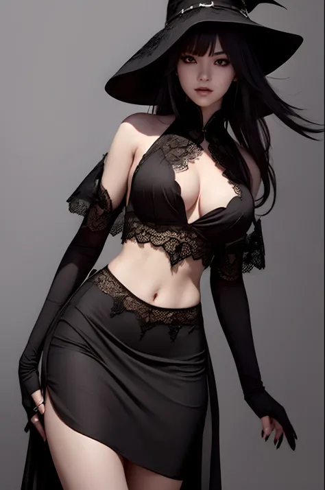The Witch in the Black Hat (beste-Qualit), (Masterpiece quality), Average Breasts, Detailed and detailed anatomy, Detailed body, shapely body, handsome body, Perfect body proportions, A perfect chest, perfect figure, sexypose, Curved body, Fewer details, S...