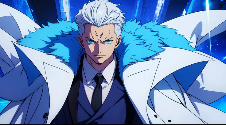 one man, wearing a white fluffy overcoat, blue hairs, blue eyes