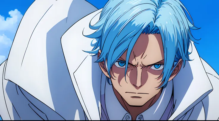 one man, wearing a white fluffy overcoat, blue hairs, blue eyes