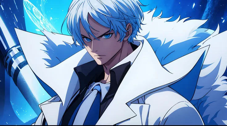 one man, wearing a white fluffy overcoat, blue hairs, blue eyes