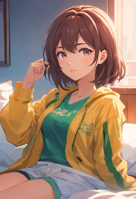 Viper, Valorant, sentada em uma cama em uma camisa branca, Menina anime sedutora, Menina bonita do anime, Artgerm extremamente detalhado, Menina anime atraente, Menina do anime, Arte Digital Anime detalhada, Menina do valorant com cabelo curto, Menina anim...