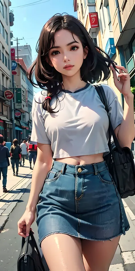 best quality, beautiful woman, curved, cropped top, miniskirt, city streets, anime realism, soft tones, clean lines, perfect ill...