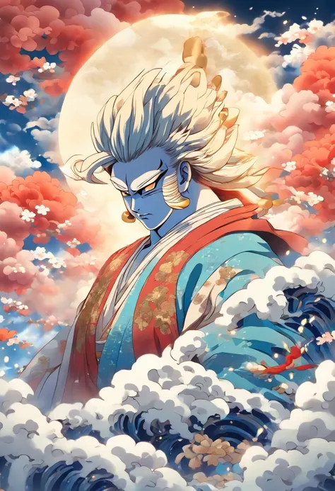 (((Japanese God))) best quality, ultra-high resolution, 4K detailed CG, masterpiece, TSUKUYOMI, Man, white clothes, blue clothes, clouds,Moon in the background, Japanese mythology, Japan, Shui Mo Hua, Chinese painting style, Thangka Style, aesthetics, beau...