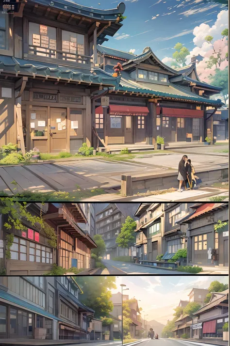 （（（Comic storyboard））），comic strip，Two-dimensional picture，Manhwa Style，Ultra-wide angle of view，China-style，a town with beautiful scenery，Faraway view，Vivid and bright colors，super-fine，ultra - detailed，high qulity，8K ，oc rendered，dynamic viewing angle，Hy...