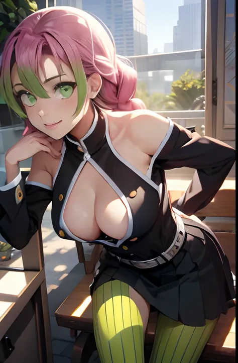 Mitsurikan Log, mitsuri kanroji, braid, Gradient Hair, (Green eyes:1.5), Green hair, Long hair, Mole, Mole under the eyes, multicolored hair, Pink hair, Twin braids, Two-tone hair, Brake belt, Black skirt, cleavage, coat, demon slayer uniform, haori, Komon...