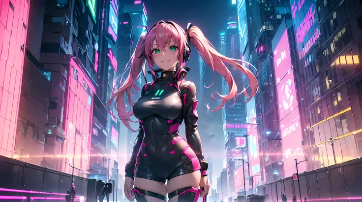 ​masterpiece, 1girl ((20year old, futuristic bodysuit, knee-high boots, medium breasts, multi-color pink hair, twin ponytails, green eyes, flirting, happy, big smile, headphones, standing in the street of a SCI-FI futuristic and modern street, towering sky...