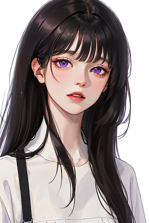 (highest resolution, distinct_image) The best quality, a woman, masterpiece, highly detailed, (semi-realistic), long black hair, long straight hair, black hair bangs, purple eyes, mature, cherry glossy lips, white background, close-up portrait, solid circl...