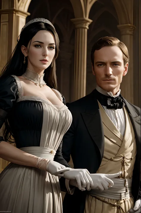 Monica Bellucci and Michael Fassbender, Victorian era, Ancient castle, Correct anatomy, white gloves, The most realistic body and face , More masculine, properly proportioned, 30 years, The most European face, Night Time