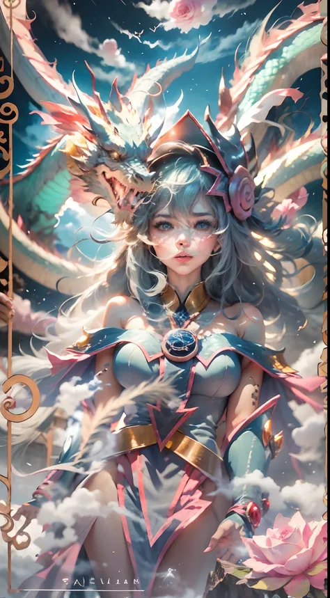 The Chinese White Divine Dragon rose into the air，（Dark Magician Girl manipulates the dragon：1.3），（Dark Magician Girl Stands Up：1.3），Las nubes del cielo rodean los alrededores，magia de luz，fantastic background，Significado de fondo，Ridiculous background，The...