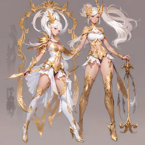 ((Masterpiece, Highest quality)), Detailed face, CharacterDesignSheet， full bodyesbian, Full of details, Multiple poses and expressions, Highly detailed, Depth, Many parts，Valkyrie，golden and white，holds a spear，double-ponytail，estilo fantasia，Surrounded b...