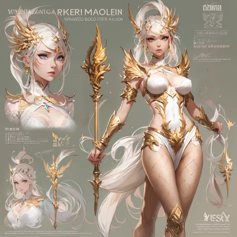 ((Masterpiece, Highest quality)), Detailed face, CharacterDesignSheet， full bodyesbian, Full of details, Multiple poses and expressions, Highly detailed, Depth, Many parts，Valkyrie，golden and white，holds a spear，double-ponytail，estilo fantasia，Surrounded b...