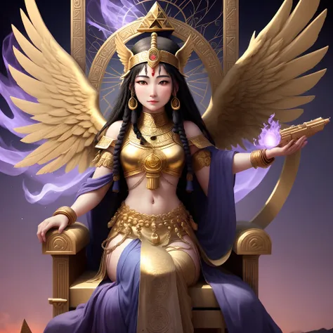 Beautiful and sacred goddess Isis, spreading her wings, Shooting purple flames from her hands。The sacred geometry of the Golden Temple、Kabbalah Tree、a throne、Sunlight、Pyramids