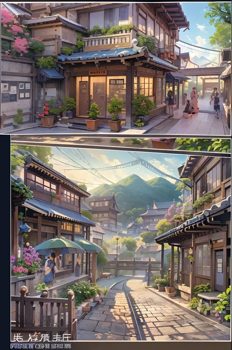 （（（Comic storyboard））），comic strip，Two-dimensional picture，Manhwa Style，Ultra-wide angle of view，China-style，a town with beautiful scenery，Faraway view，Vivid and bright colors，super-fine，ultra - detailed，high qulity，8K ，oc rendered，dynamic viewing angle，Hy...