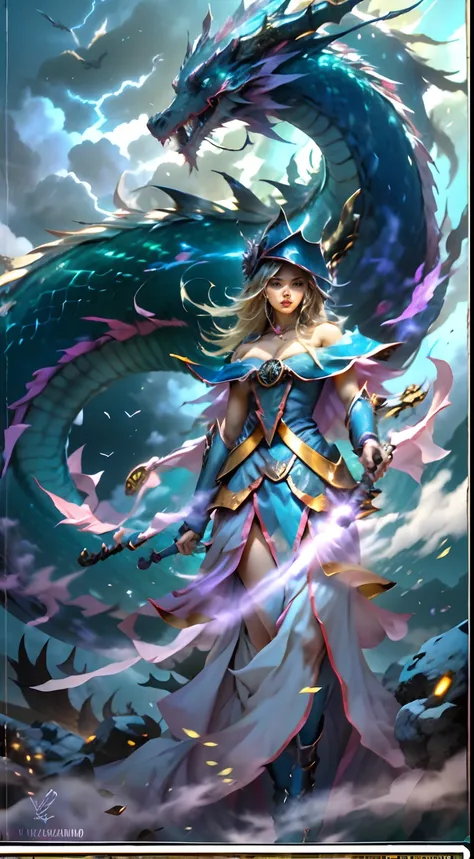 The White Dragons blue eyes rose into the air（Dark Mage manipulates the dragon：1.3），（The dark wizard girl has her back to the camera：1.3），Las nubes del cielo rodean los alrededores，magia de luz，fantastic background，Significado de fondo，Ridiculous backgroun...