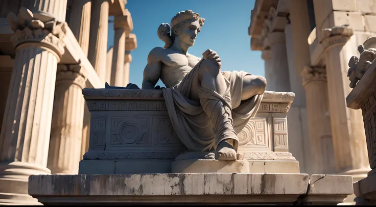 Ancient Greek statue with angry expression, outside, com rosto extremamente detalhado full body view, Colors with low saturation with dark tone, Filmado em Sony A7S III com Sony FE 35mm f/1.8, 12.1 MP, --AR 3:2 --estilo cru