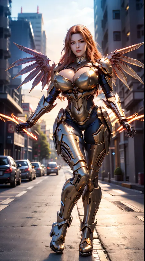 (DRAGON QUEEN), HUGE FAKE BOOBS, (BEAUTIFUL FACE), (GOLD, RED), (STREET CITY BACKGROUND), (((A PAIR OF HUGE MECHANICAL WINGS SPREAD OUT))), FUTURISTIC PHOENIX MECHA BODYSUIT, (CLEAVAGE), (SKINTIGHT YOGA PANTS), (HIGH HEELS), (PERFECT BODY:1.2), (FULL BODY ...