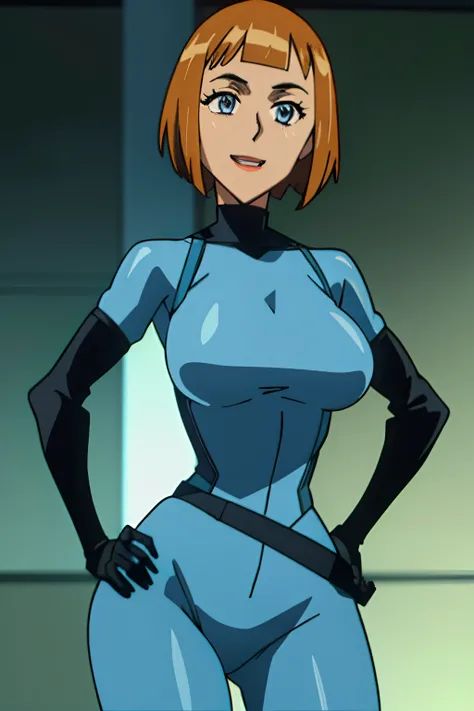 maddie_fenton, skintight suit,  lab background,(skindentation:1.1),1girl,best quality, sharp focus,(Masterpiece), (Best Quality), soft lighting,(specular lighting:1.2),solo, bobcut,smile, upper body, huge breasts, blue suit, black gloves, brown hair, hands...