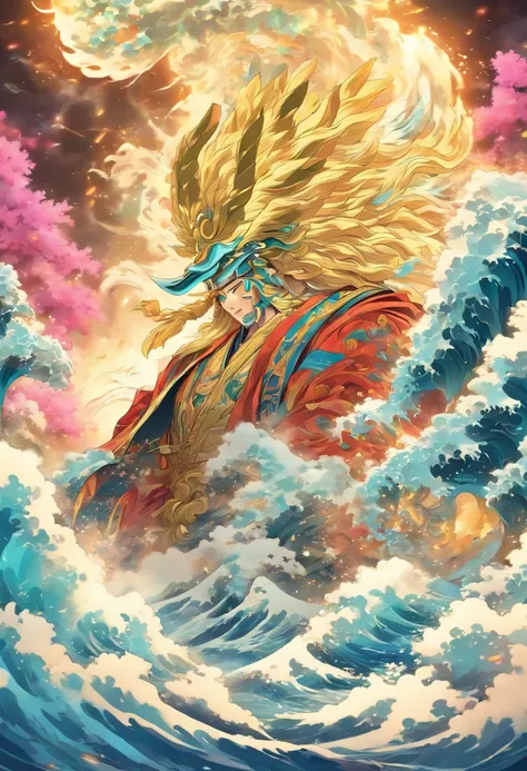 (((Japanese God))) best quality, ultra-high resolution, 4K detailed CG, masterpiece, Man, white clothes, sword, katana, waves, lightning, clouds, Japanese mythology, Japan, ((Next to camera )),Shui Mo Hua, Chinese painting style, Thangka Style, aesthetics,...