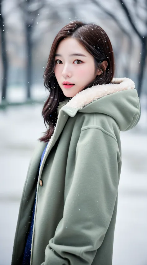 realistic photos of (1 cute Korean star) Shoulder-length hair, thin makeup, medium breasts size, wearing coat, in the snow, clear facial features, 8K high resolution, sharp and realistic details.from outside, Eye-Level Shot, f/4.0, 135mm, Fujifilm, jpeg ar...