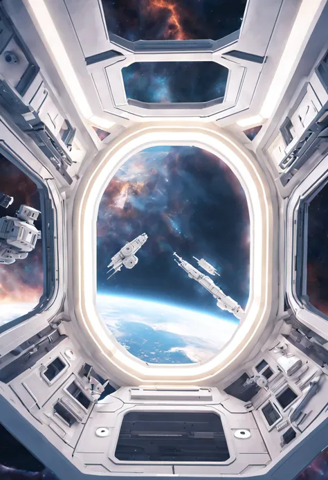 (((view from space: 1.5))) a science fiction spaceship in the EVE-online style against the background of nebulae and stars, cubically angular shapes, rounded structural elements, rectangular portholes illuminated from the inside, volumetric light, uniform ...