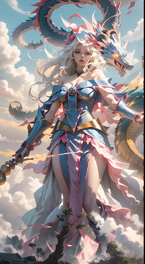 The Chinese White Divine Dragon rose into the air，（Dark Mage manipulates the dragon：1.3），（La chica maga oscura se pone de pie：1.3），Las nubes del cielo rodean los alrededores，magia de luz，fantastic background，Significado de fondo，Ridiculous background，There...