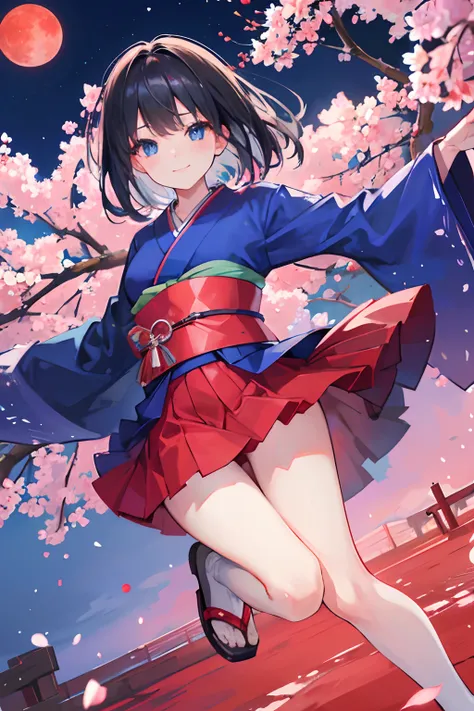 (blue eyes:1.1), (a dark-haired:1.1), (kimono:1.1, tricolor color:1.1), (18 only:1.1), cherry trees, natta, (red moon:1.1), (a miniskirt:1.1), (invincible smile:1.1), (beautiful face:1.1), (jump facing the front:1.1), (ultra-high picture quality:1.2), (bus...