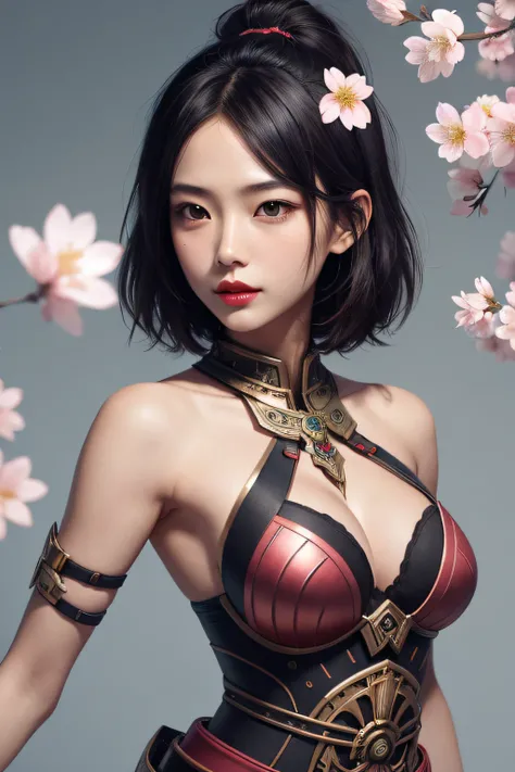 beautiful japanese young woman, wearing ninja armor, thick symmetrical features, very short hair, background is cherry blossoms, pink aura, red lips, octane render,