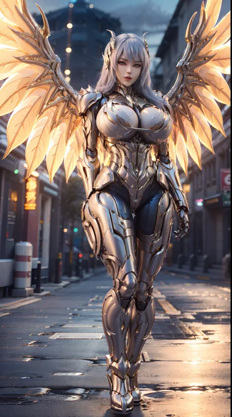 (DRAGON QUEEN), HUGE FAKE BOOBS, (BEAUTIFUL FACE), (GOLD, WHITE), (STREET CITY BACKGROUND), (((A PAIR OF HUGE MECHANICAL WINGS SPREAD OUT))), FUTURISTIC PHOENIX MECHA BODYSUIT, (CLEAVAGE), (SKINTIGHT YOGA PANTS), (HIGH HEELS), (PERFECT BODY:1.2), (FULL BOD...