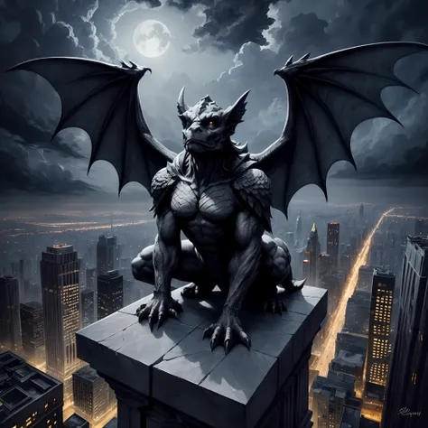 shot from below, stone gargoyle, stone skin, wings spread, monster sitting on the ledge of a skyscraper, very high, night, darkness, horizon line, thick clouds, gouache painting, artwork, gray ashen atmosphere, aestheticism, hdr, incredibly high intricate ...