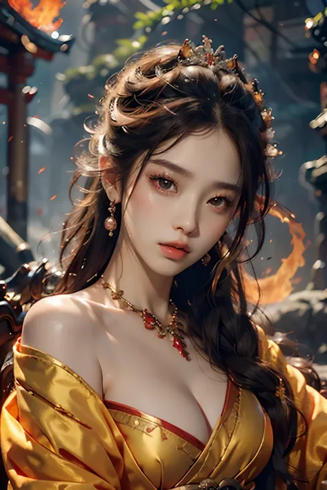 top-quality、​masterpiece、hight resolution、(Photorealsitic:1.4)1girl、beautiful_face、Detailed skin、full bodyesbian、yuhuoshu、jewely、独奏、耳Nipple Ring、(firey:1.3)、bblurry、life-like、s lips、japanes