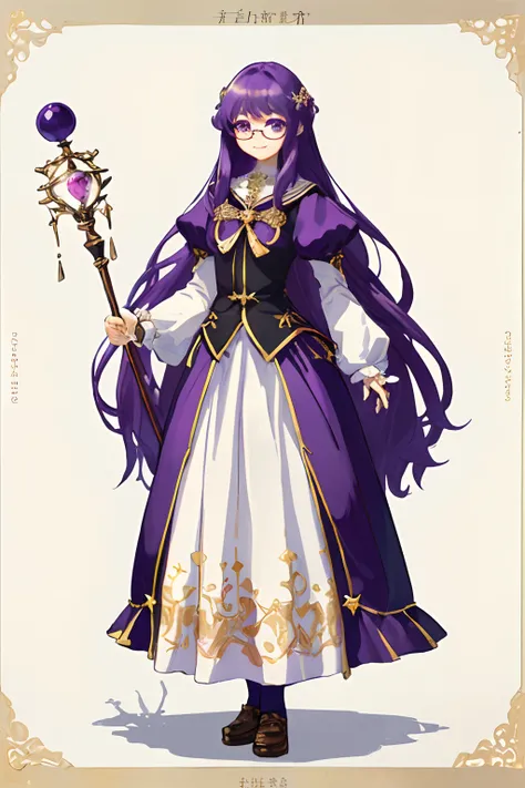 ((Masterpiece)), (highest quality))), (Character design sheet, national costume, same character, front, side, back), illustration, 1 girl, full body, purple hair, long hair, beautiful eyes, princess cut, environmental change scene, long skirt, shyness, wom...