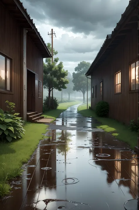 Concept art, no humans, water puddles, country side, rain, cloudy,