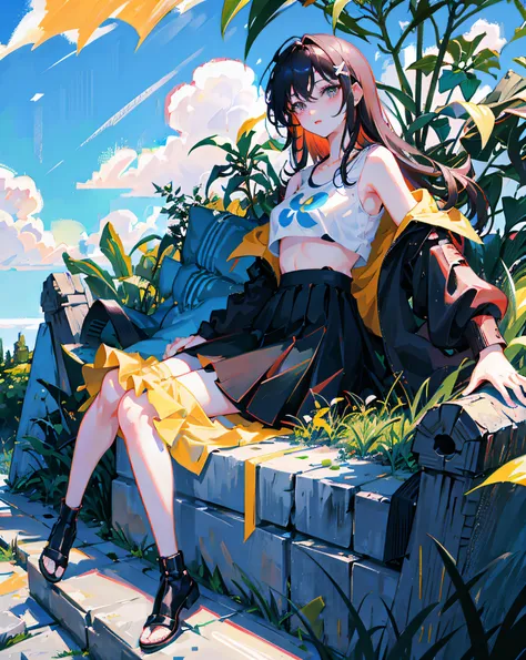 (Realistic painting style:1.0), Masterpiece, Best quality, absurderes, comic strip, illustration,
1 girl, long hair, cute girl, young and cute girl, Korean girl, {Breasts}, hana, 
a girl sitting on a rock near a tree in a black dress, wearing a sexy croppe...