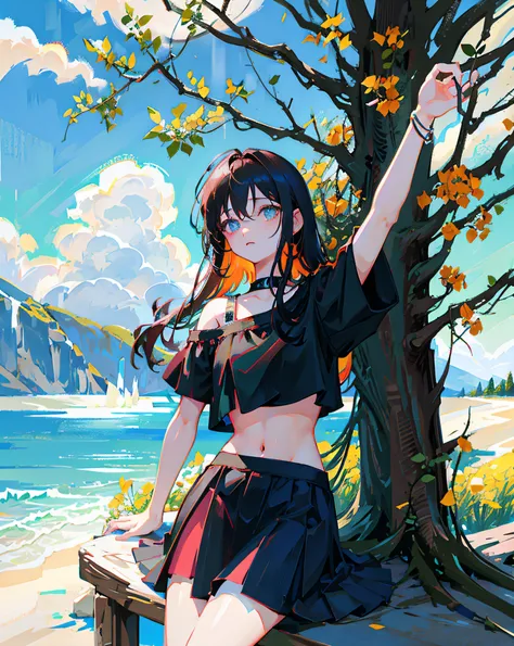 (Realistic painting style:1.0), Masterpiece, Best quality, absurderes, comic strip, illustration,
1 girl, long hair, cute girl, young and cute girl, Korean girl, {Breasts}, hana, 
a girl sitting on a rock near a tree in a black dress, wearing a sexy croppe...