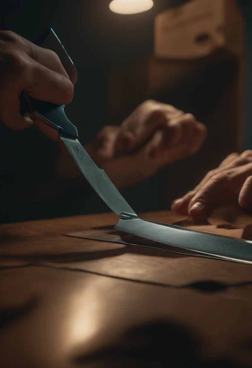 A person cutting the box tape with a mini knife in their hand, with only the box and hand visible. Surrealism, drop shadow, anaglyph, stereogram, pov, atmospheric perspective, (best quality, 4k, ultra-detailed, realistic:1.2), accurate, vivid colors.