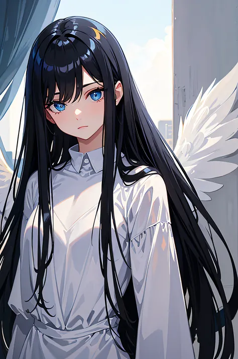 A closeup of an angel with long black hair and blue eyes and bug wings